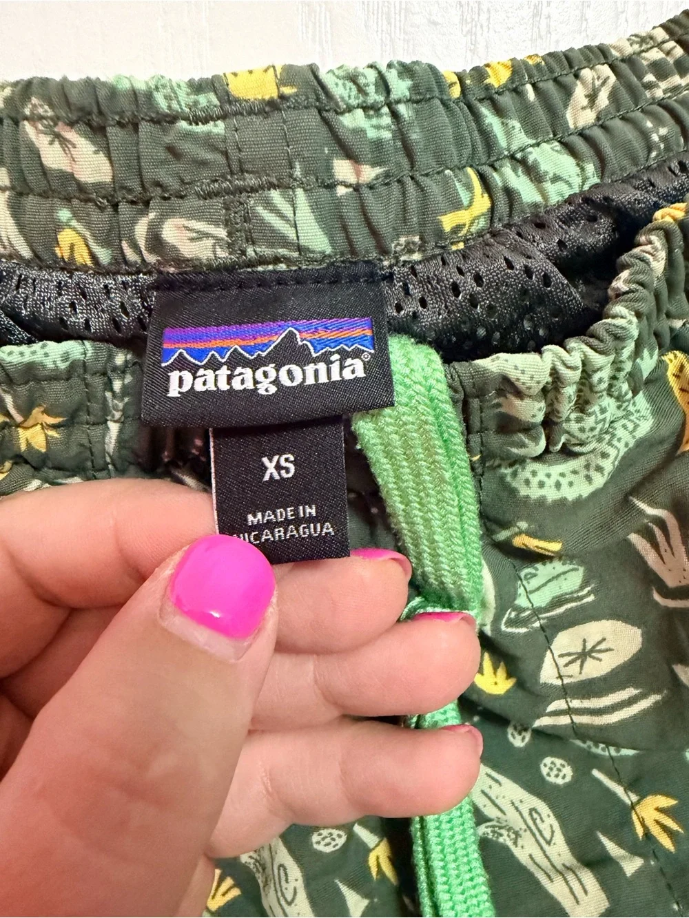 Patagonia Olive Green Swim Trunks with Yellow & Cream Print